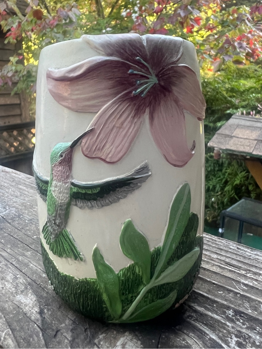 Hand-Painted Ceramic White Vase with Hummingbird & Pink Flower Cup Holder Mug